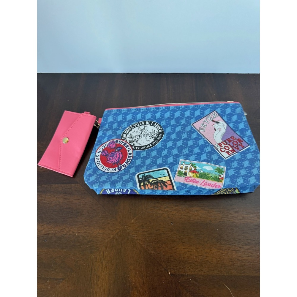 Estee Lauder Makeup Bag with Pink ID‎ Pouch, Zipper, Blue Canvas Design